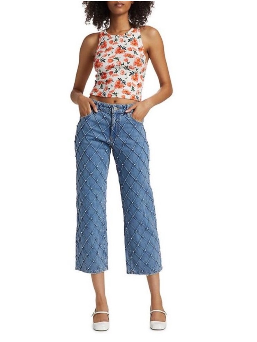 Alice + Olivia | NWT .Weezy Diamond Quilted Embellished Crop Jeans